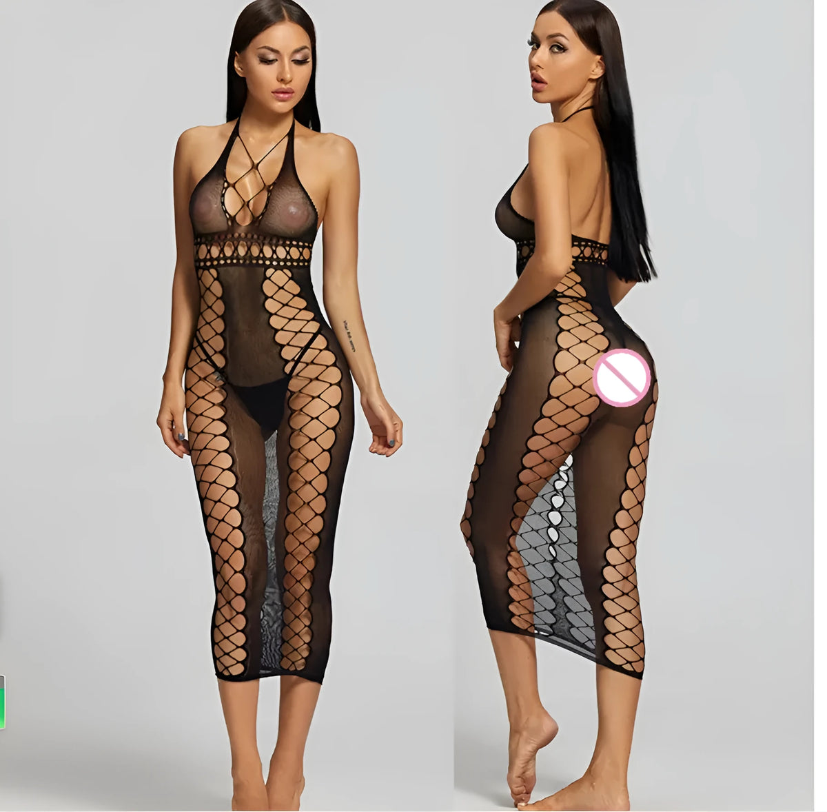 Black nylon mesh bodystocking with crotch tights, one size, transparent bodysuit for women