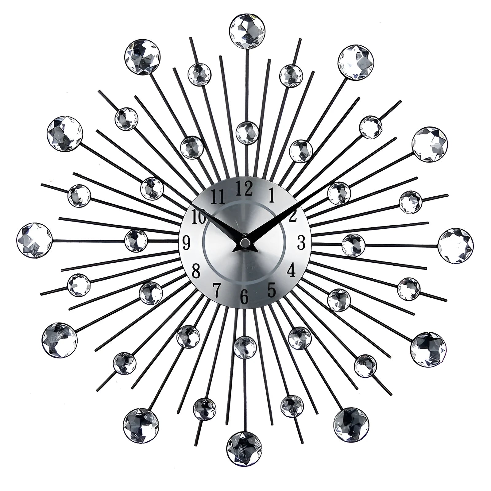 Large round silver wall clock with aluminium dial showing pointer and number display