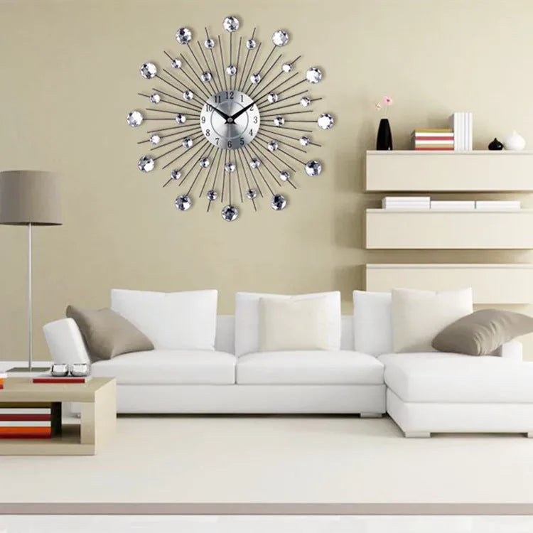 Large round silver wall clock with aluminium dial showing pointer and number display