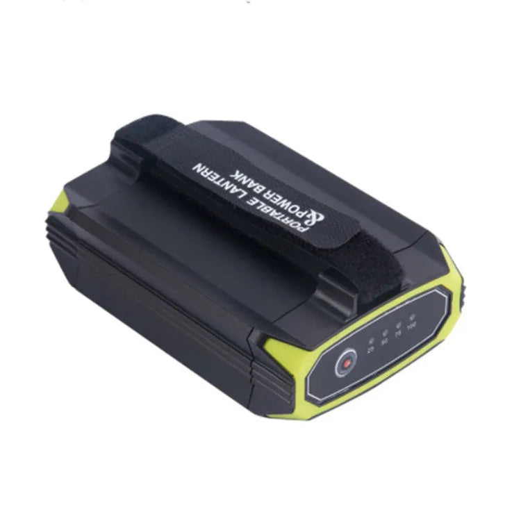 Green rechargeable aluminium alloy camping light with power bank function, showing push-button switch.