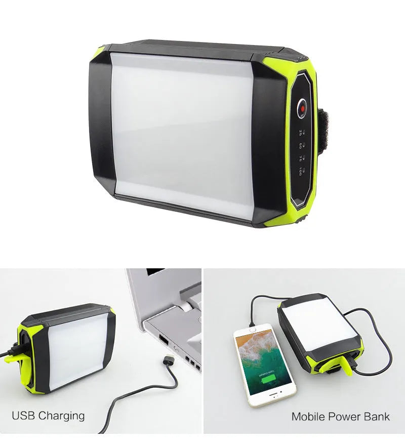 Green rechargeable aluminium alloy camping light with power bank function, showing push-button switch.