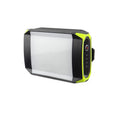 Green rechargeable aluminium alloy camping light with power bank function, showing push-button switch.