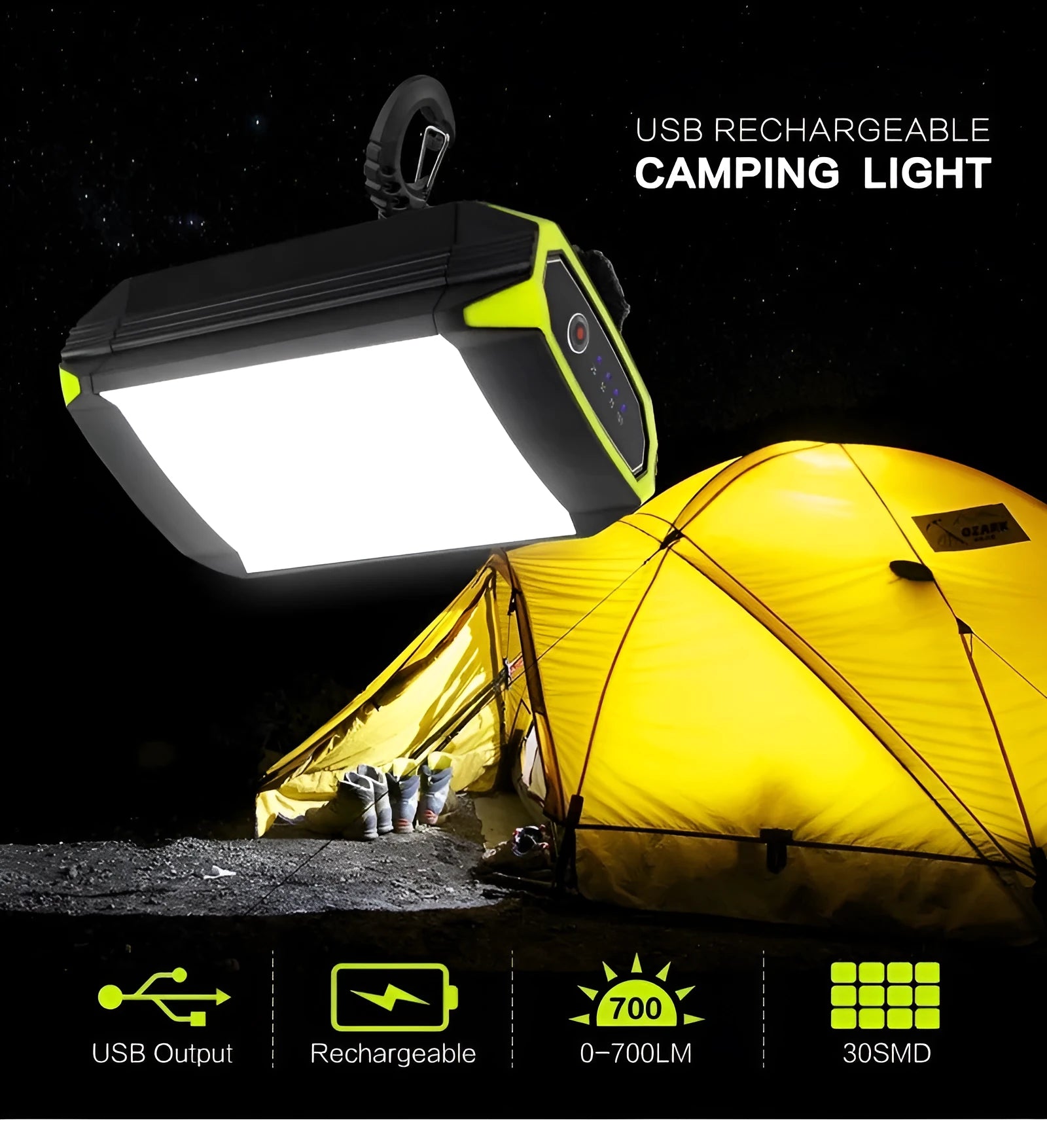 Green rechargeable aluminium alloy camping light with power bank function, showing push-button switch.