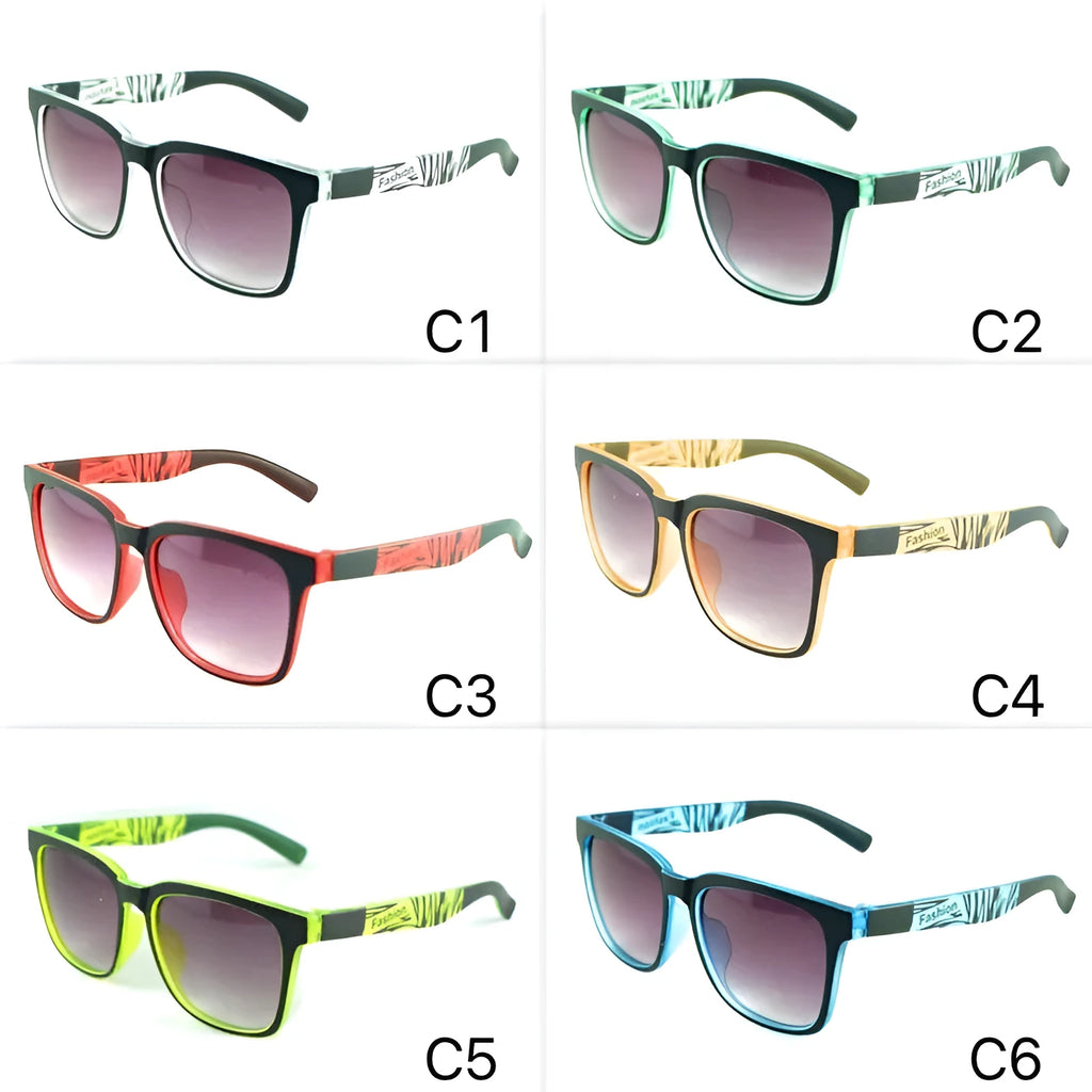Square kids sports sunglasses with PC frame and AC lenses, shown in six colours including black, green, red, orange, yellow-green and blue.