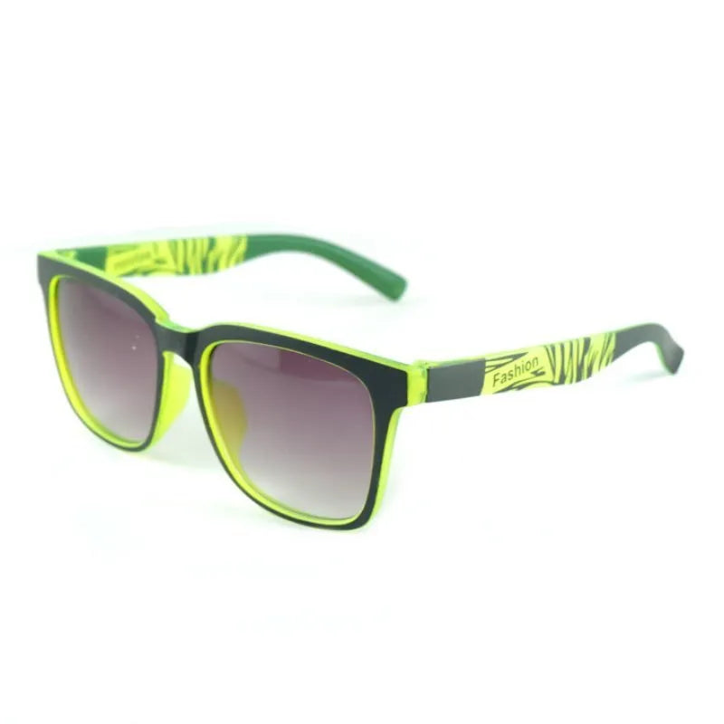 Square kids sports sunglasses with PC frame and AC lenses, shown in six colours including black, green, red, orange, yellow-green and blue.