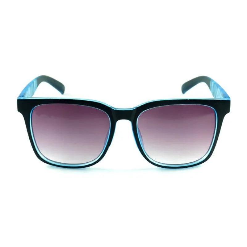 Square kids sports sunglasses with PC frame and AC lenses, shown in six colours including black, green, red, orange, yellow-green and blue.