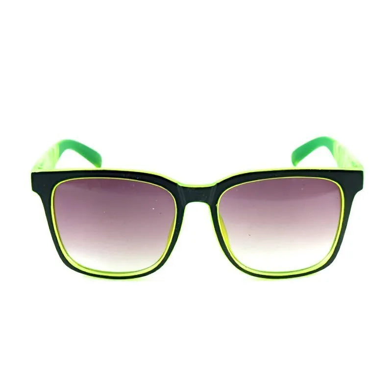 Square kids sports sunglasses with PC frame and AC lenses, shown in six colours including black, green, red, orange, yellow-green and blue.