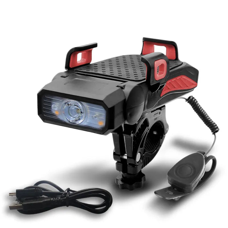 Rechargeable bicycle light in black, blue, green, and red colours with handlebar mount for night riding