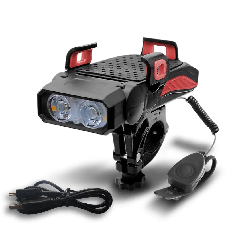 Rechargeable bicycle light in black, blue, green, and red colours with handlebar mount for night riding