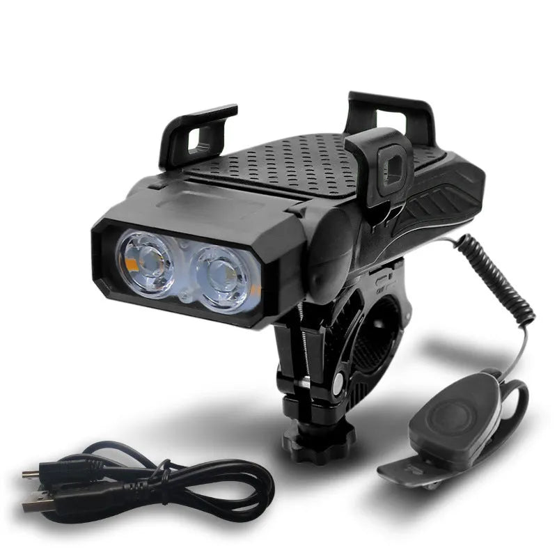 Rechargeable bicycle light in black, blue, green, and red colours with handlebar mount for night riding