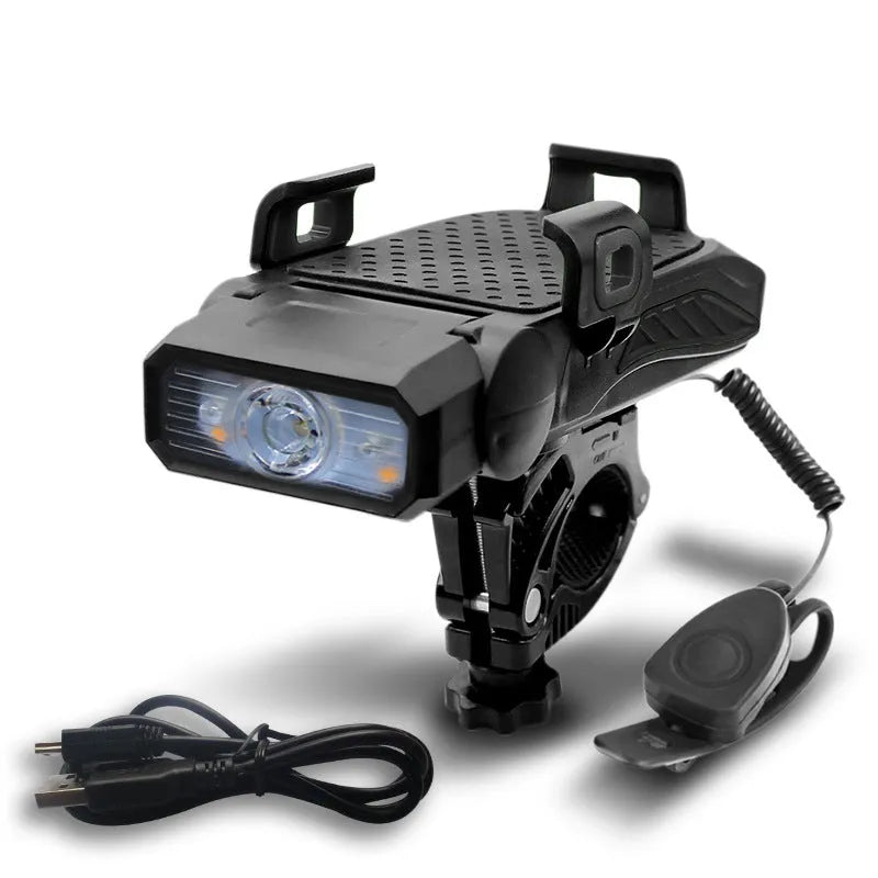 Rechargeable bicycle light in black, blue, green, and red colours with handlebar mount for night riding