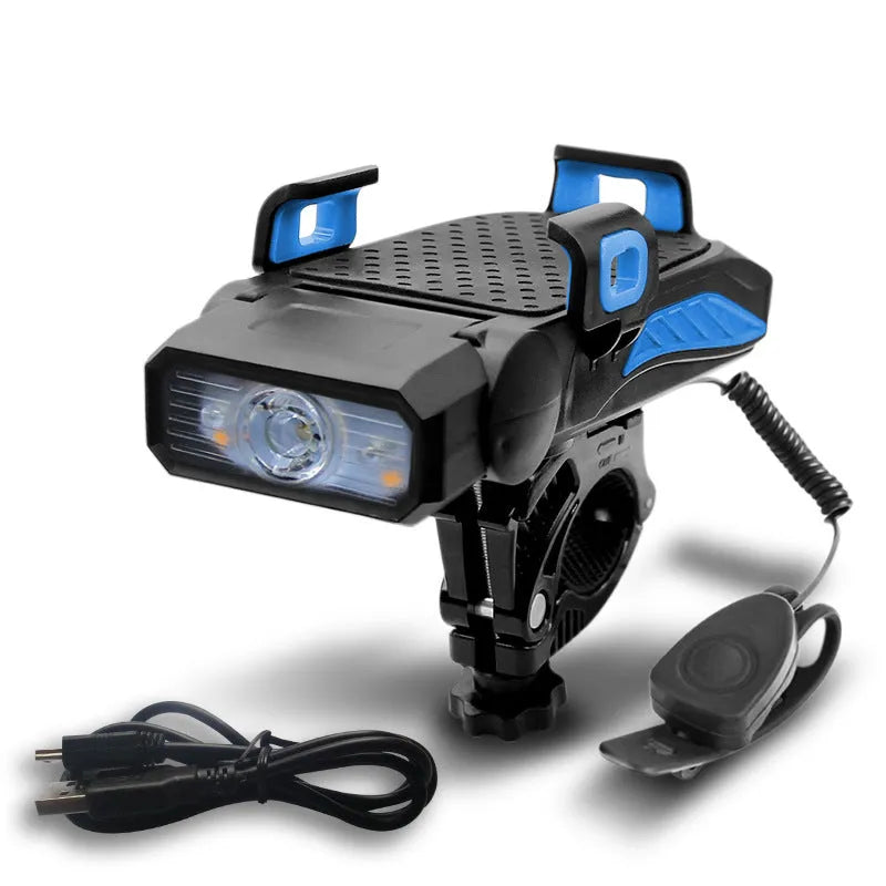 Rechargeable bicycle light in black, blue, green, and red colours with handlebar mount for night riding