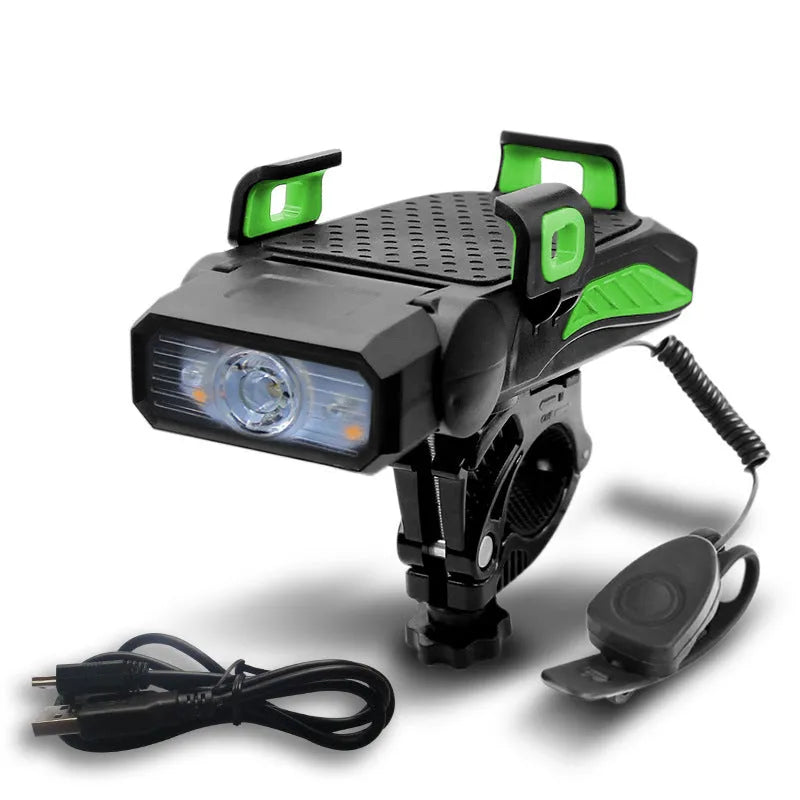 Rechargeable bicycle light in black, blue, green, and red colours with handlebar mount for night riding