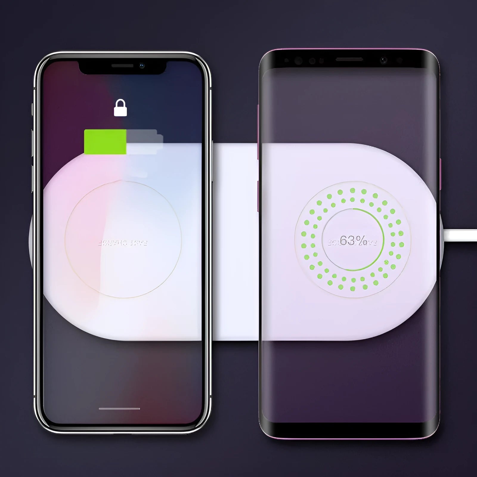 White wireless charging station for two smartphones with simple design supporting fast charging technology