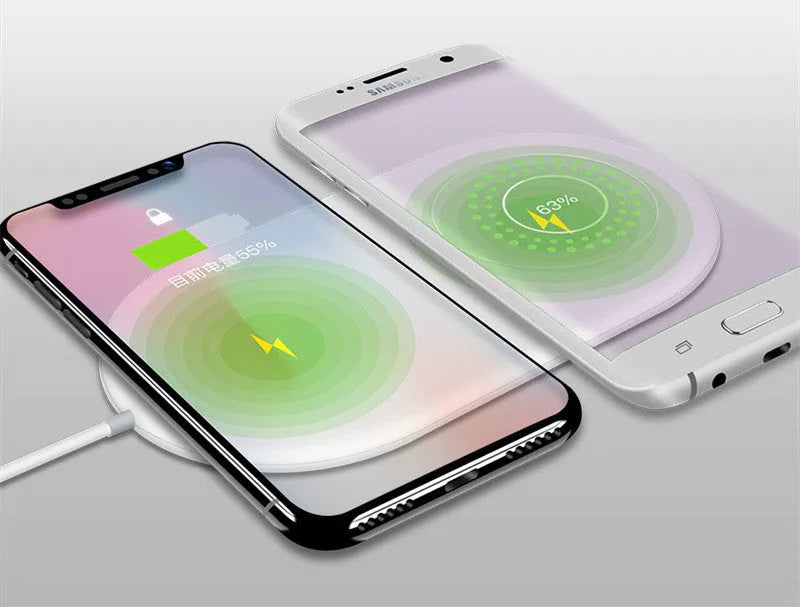 White wireless charging station for two smartphones with simple design supporting fast charging technology