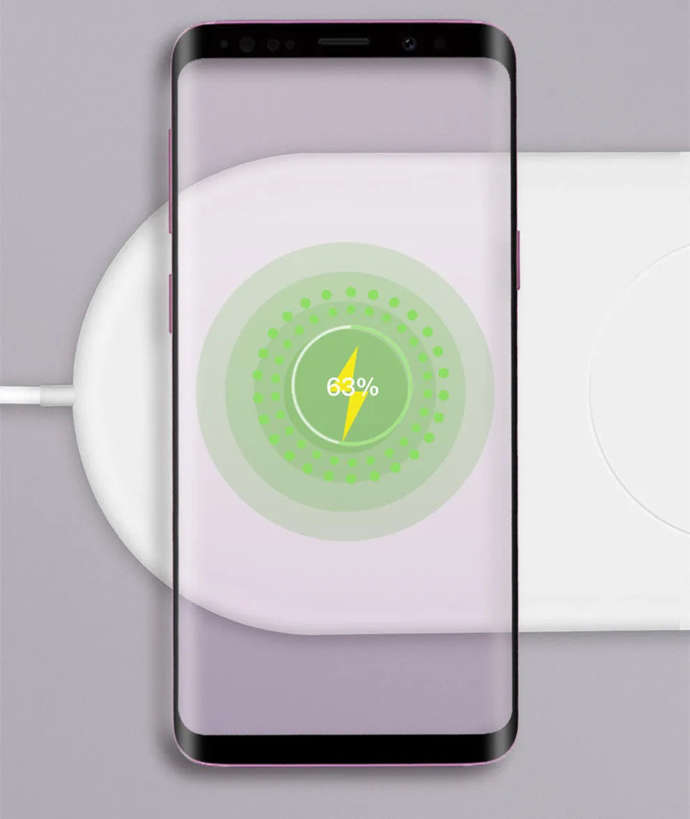 White wireless charging station for two smartphones with simple design supporting fast charging technology