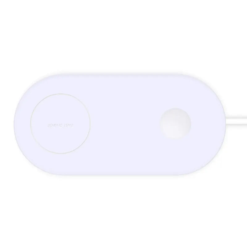 White wireless charging station for two smartphones with simple design supporting fast charging technology