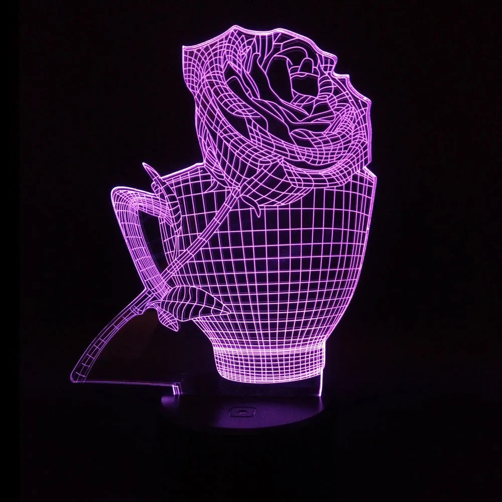 3D rose design LED night light with acrylic panel and ABS base showing multiple colour options.