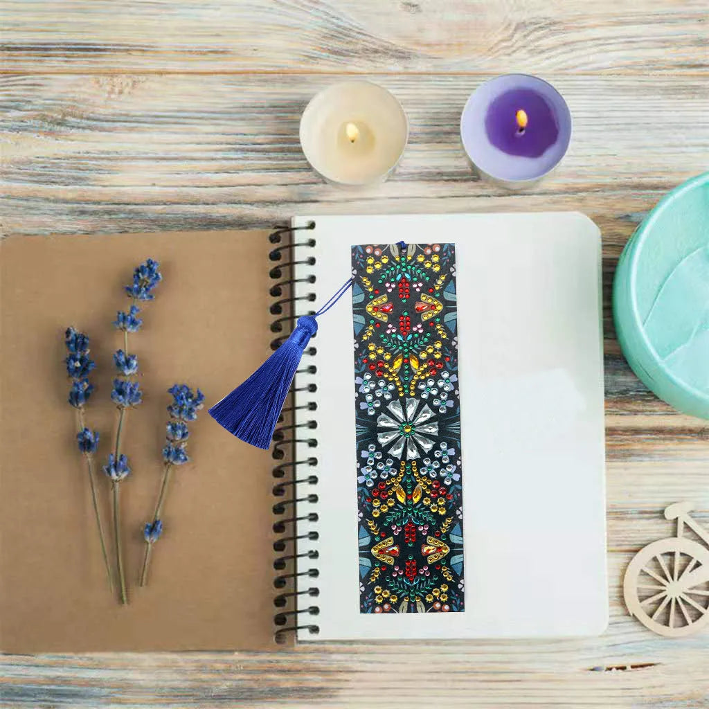 Leather bookmark with special-shaped diamond embroidered mandala flower design