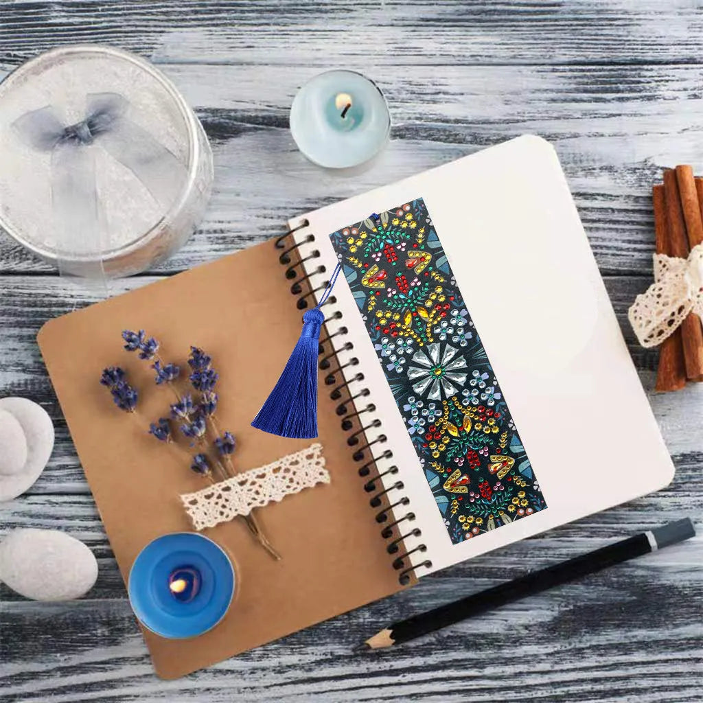 Leather bookmark with special-shaped diamond embroidered mandala flower design