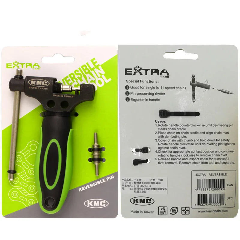 Green steel bicycle chain cutter tool with a double shaft device and included driver