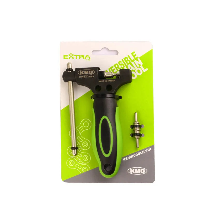 Green steel bicycle chain cutter tool with a double shaft device and included driver
