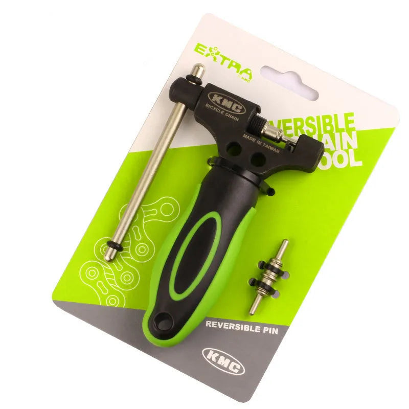 Green steel bicycle chain cutter tool with a double shaft device and included driver