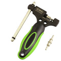 Green steel bicycle chain cutter tool with a double shaft device and included driver
