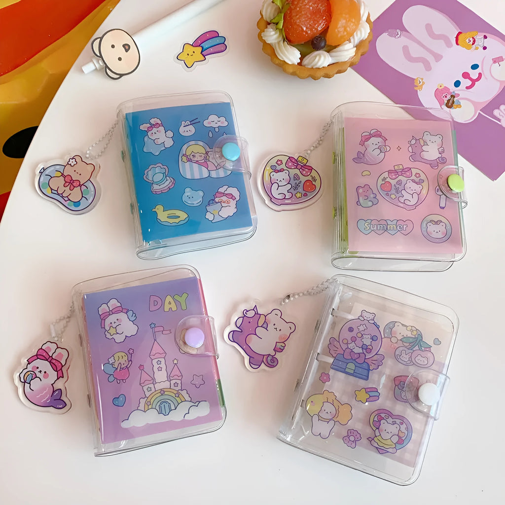 Pack of cute girl heart themed loose leaf paper refill inserts for journals, showing love bear, candy bear, star bunny, and rainbow castle designs.