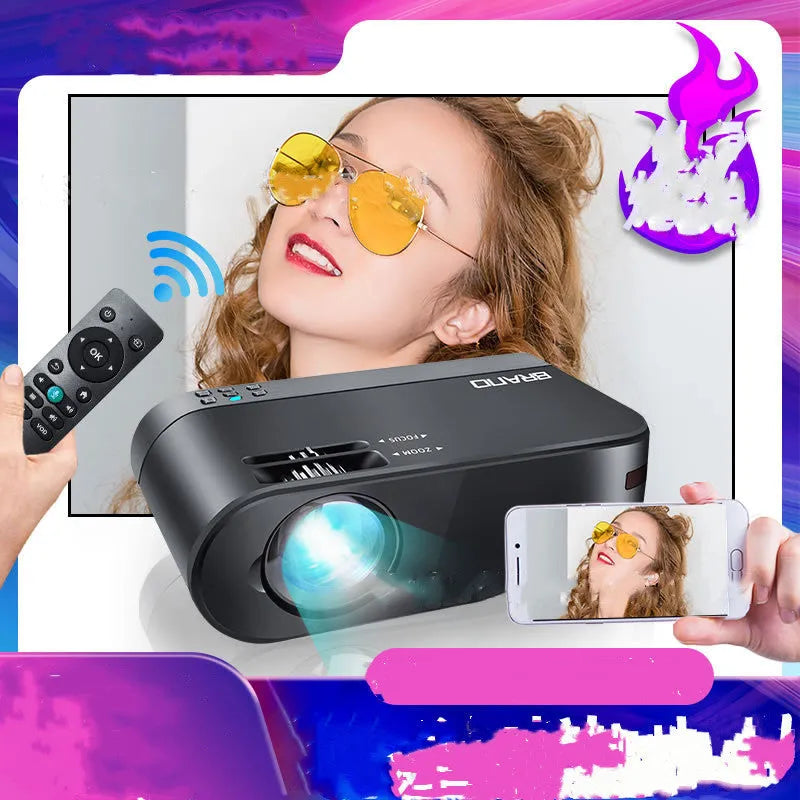 White portable wireless projector with lens, shown on a table for mobile phone casting.