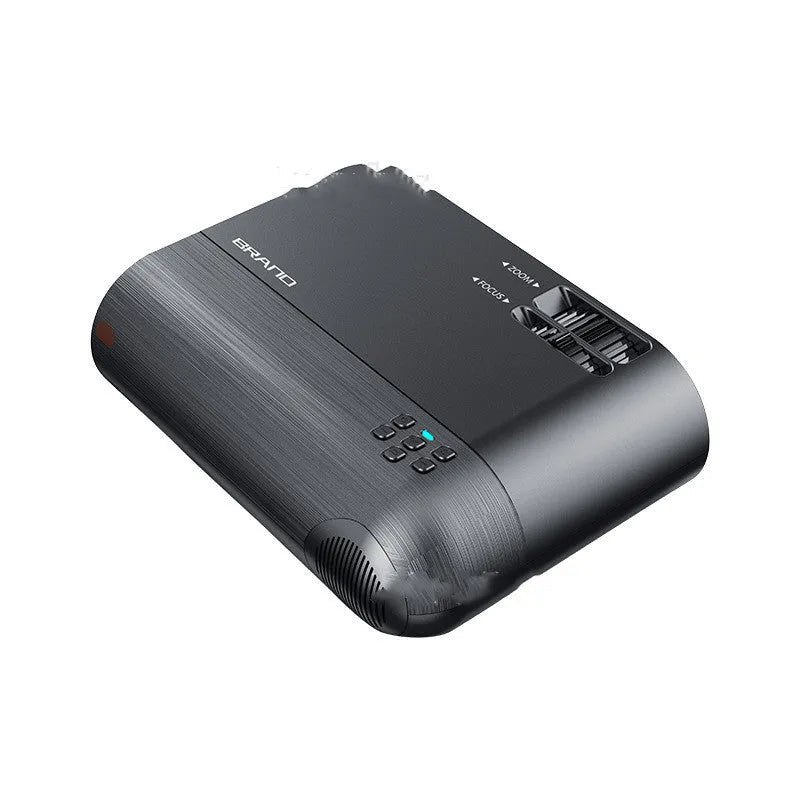 White portable wireless projector with lens, shown on a table for mobile phone casting.