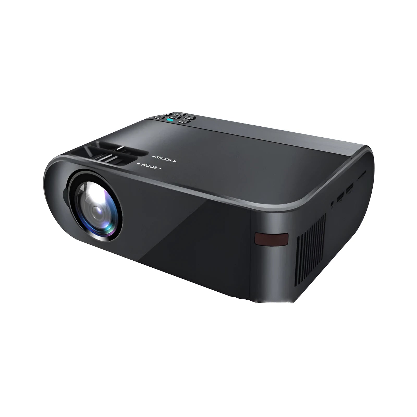 White portable wireless projector with lens, shown on a table for mobile phone casting.