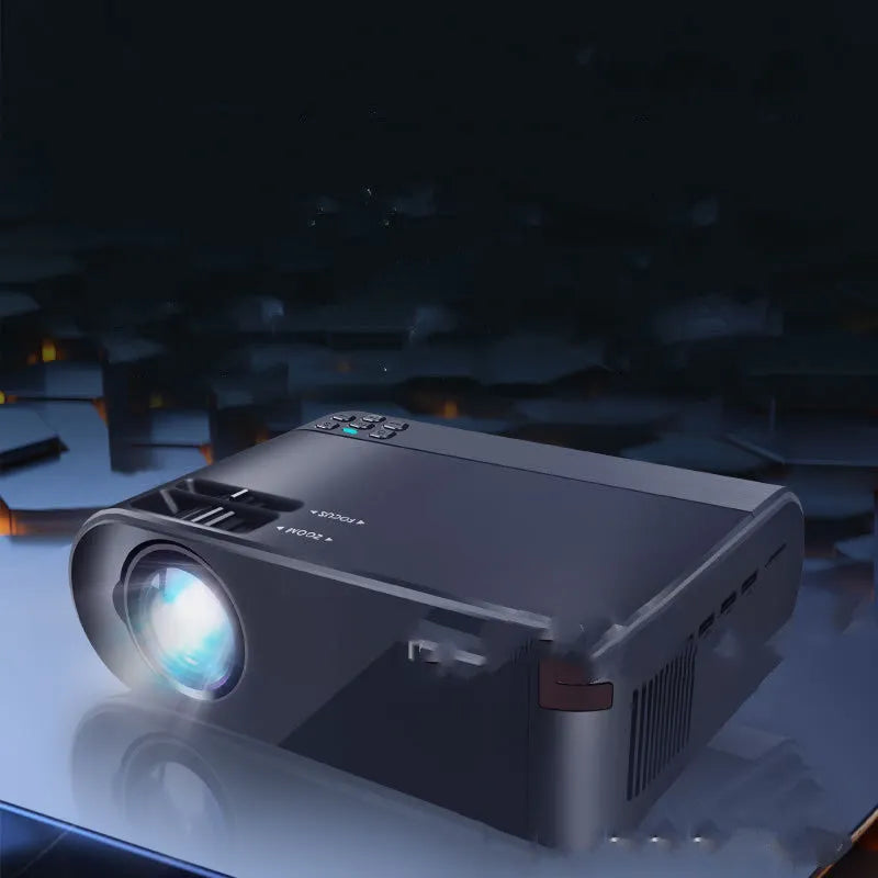 White portable wireless projector with lens, shown on a table for mobile phone casting.