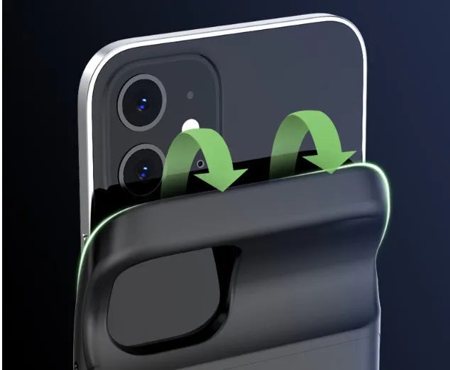 Black ultra-thin TPU back clip battery for iPhone 12 showing clip mechanism