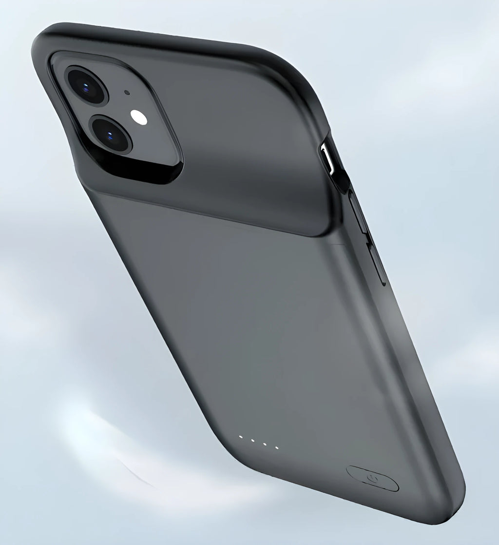 Black ultra-thin TPU back clip battery for iPhone 12 showing clip mechanism
