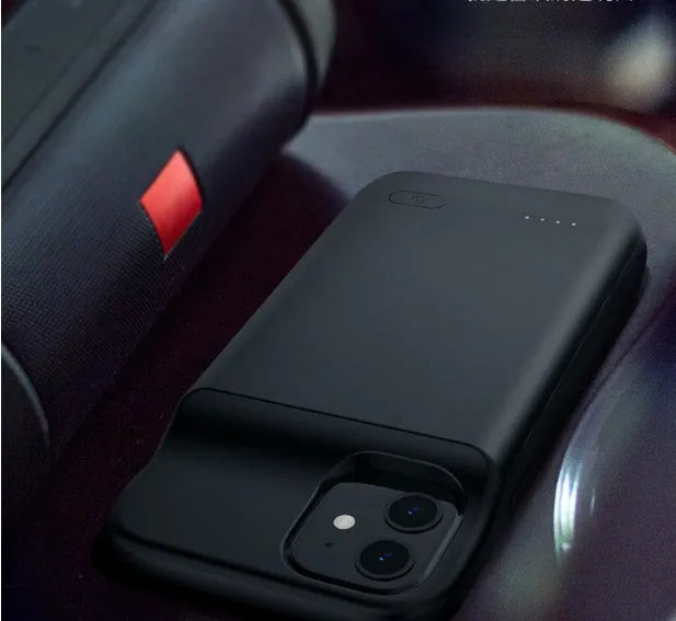 Black ultra-thin TPU back clip battery for iPhone 12 showing clip mechanism