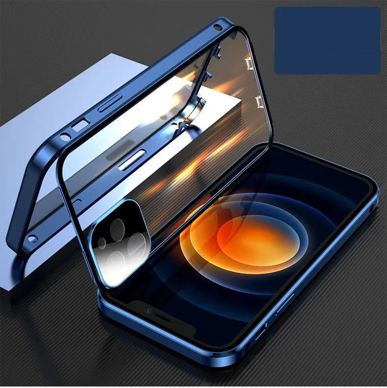 Black aluminium frame and tempered glass back bumper case for Apple iPhone on a table.