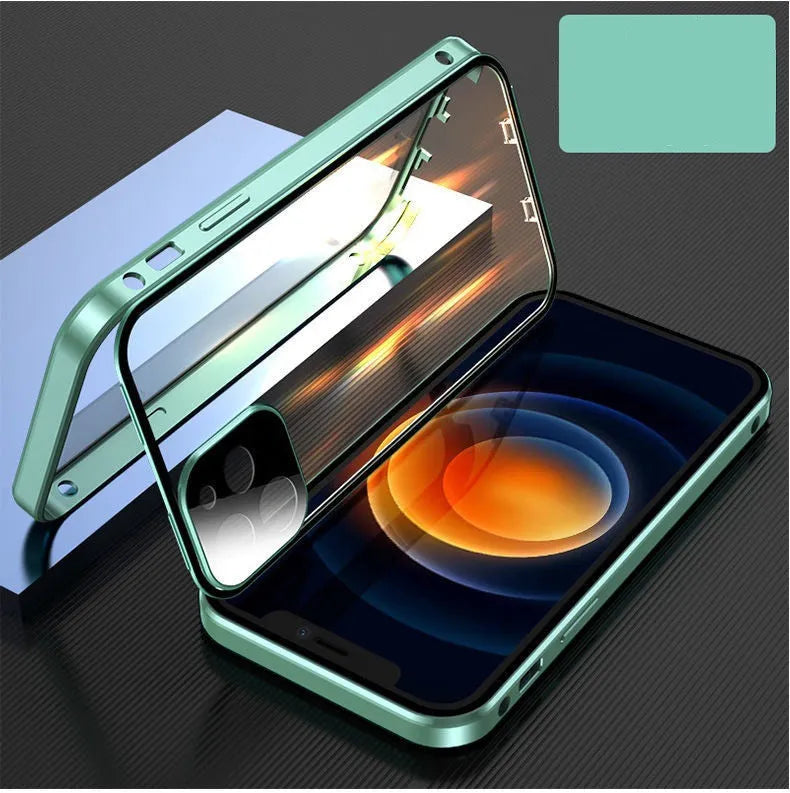 Black aluminium frame and tempered glass back bumper case for Apple iPhone on a table.