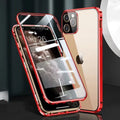 Black aluminium frame and tempered glass back bumper case for Apple iPhone on a table.