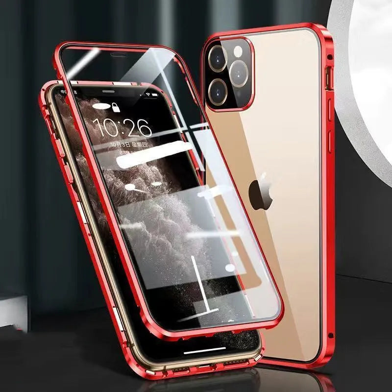 Black aluminium frame and tempered glass back bumper case for Apple iPhone on a table.