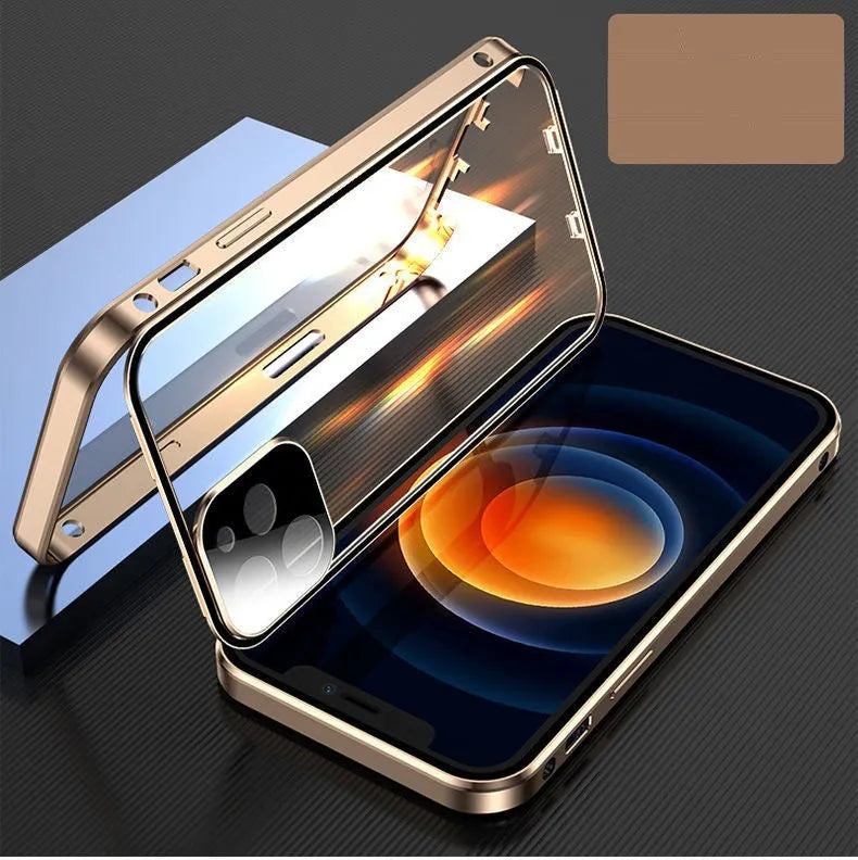 Black aluminium frame and tempered glass back bumper case for Apple iPhone on a table.