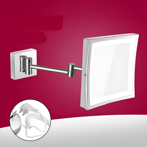 Stainless steel folding bathroom mirror lamp with illuminated frame measuring 200x200mm