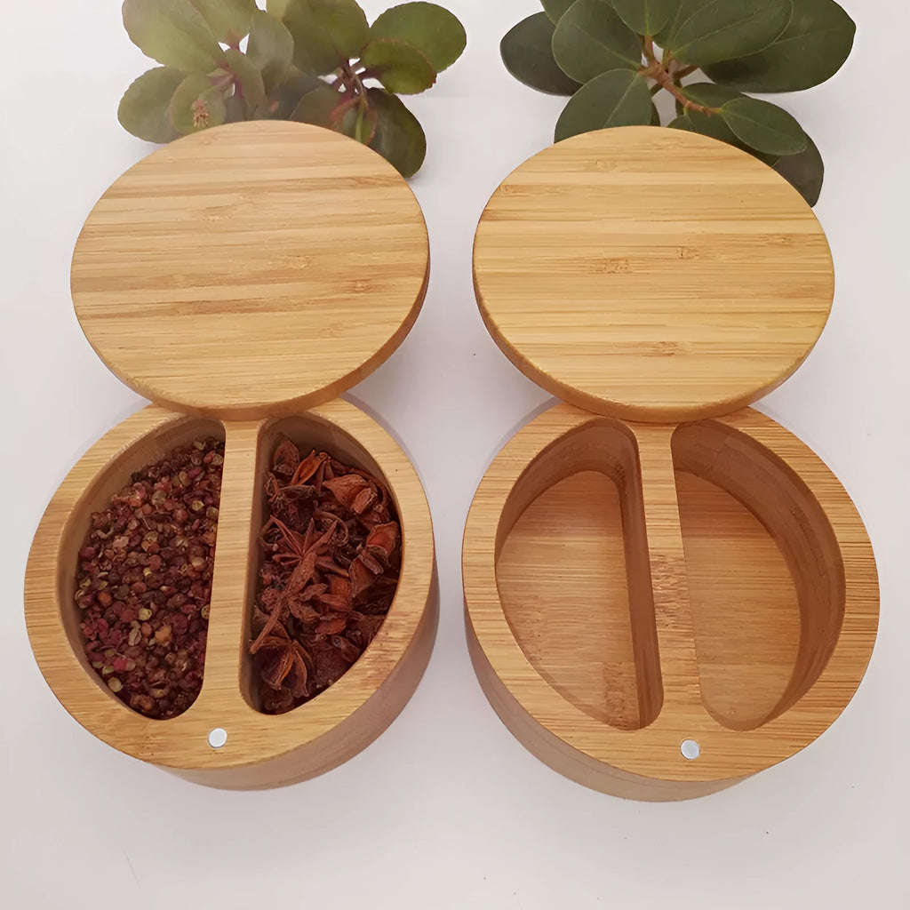 Bamboo seasoning boxes with various compartment designs including pear-shaped and round options