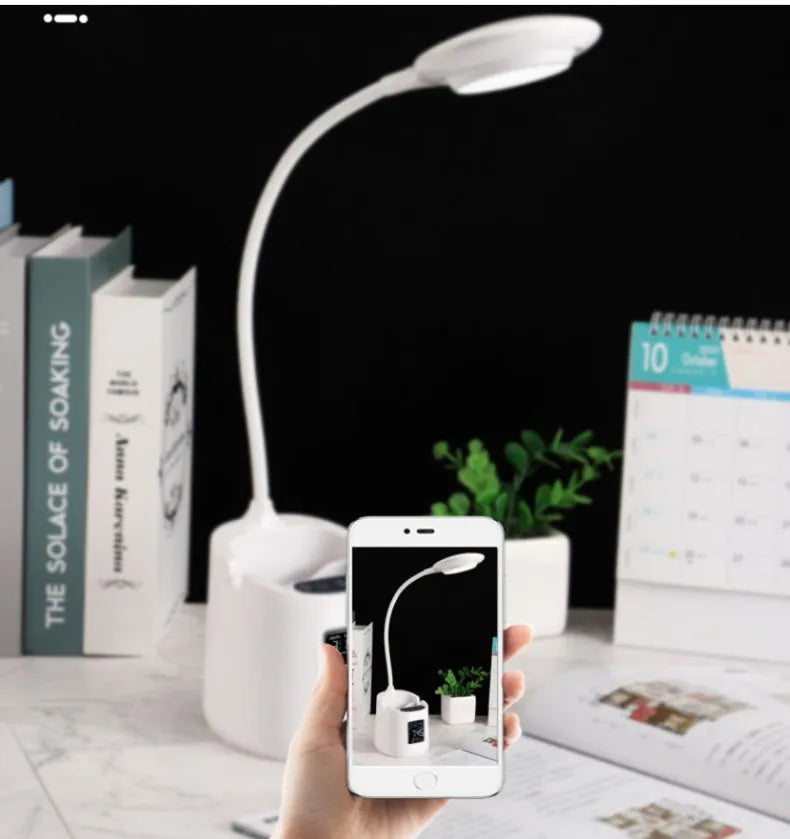 White USB-powered desk lamp with touch switch for dormitory study lighting