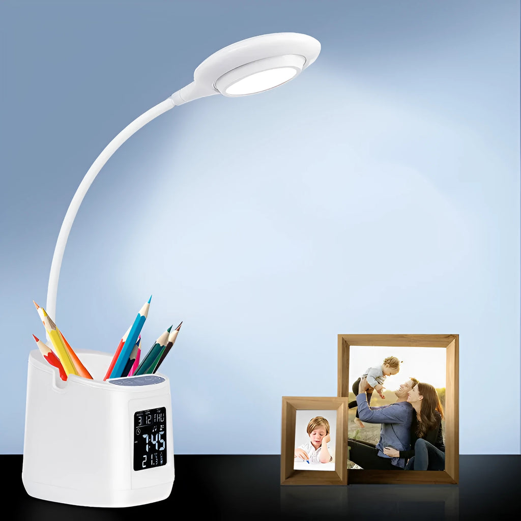 White USB-powered desk lamp with touch switch for dormitory study lighting