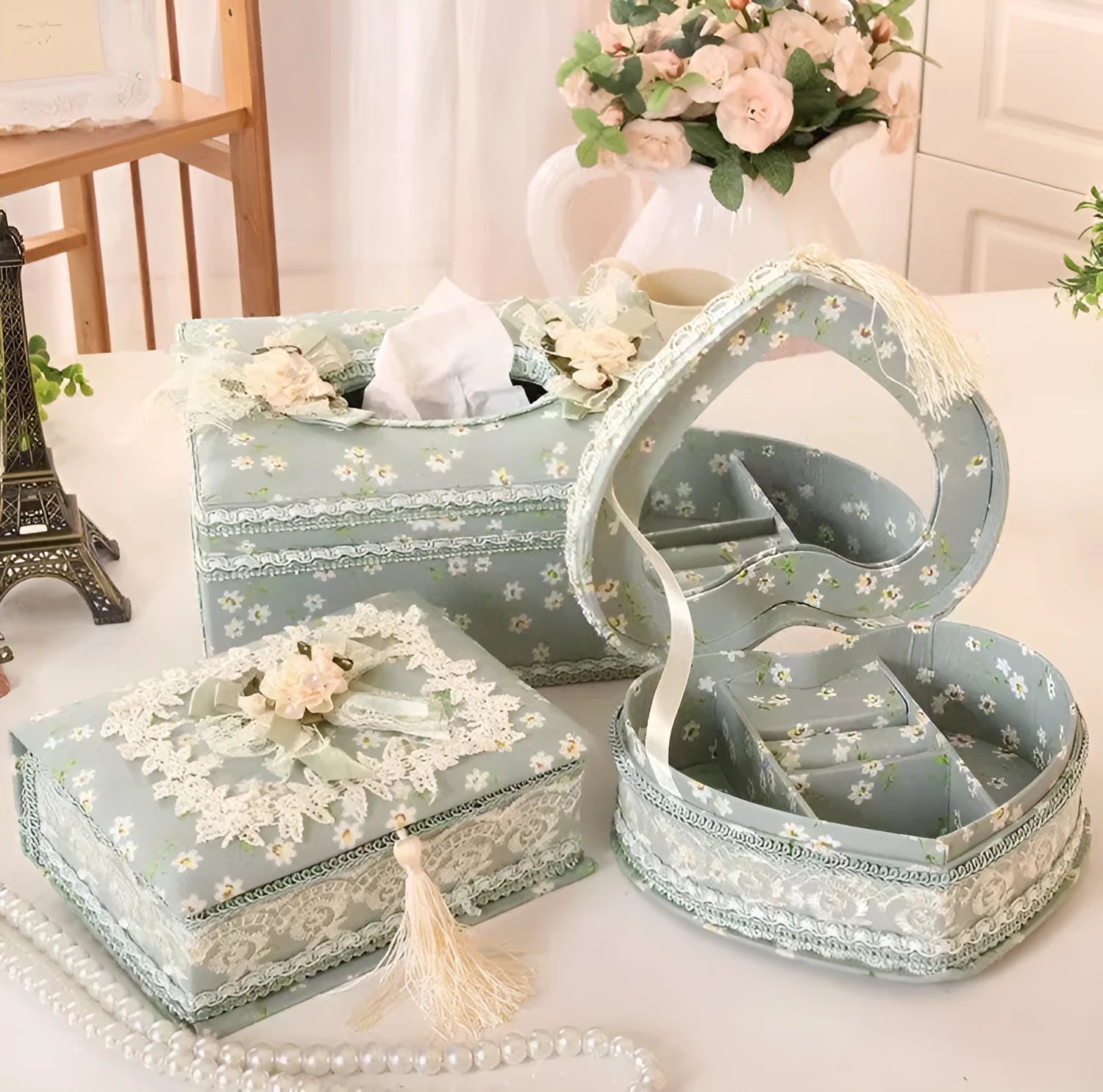 Ceramic tissue box in apricot, green, or pink with jewellery storage compartment