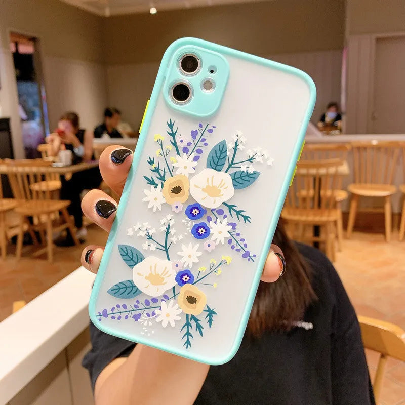 Cartoon floral painted matte frame TPU skin phone case for iPhone in Pink Lavender colour