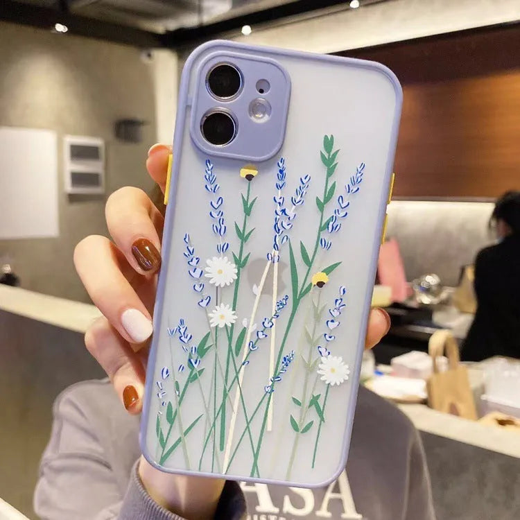 Cartoon floral painted matte frame TPU skin phone case for iPhone in Pink Lavender colour