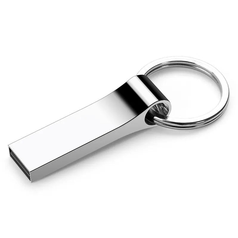 32GB silver metal USB 2.0 flash drive with necklace attachment, waterproof and shockproof
