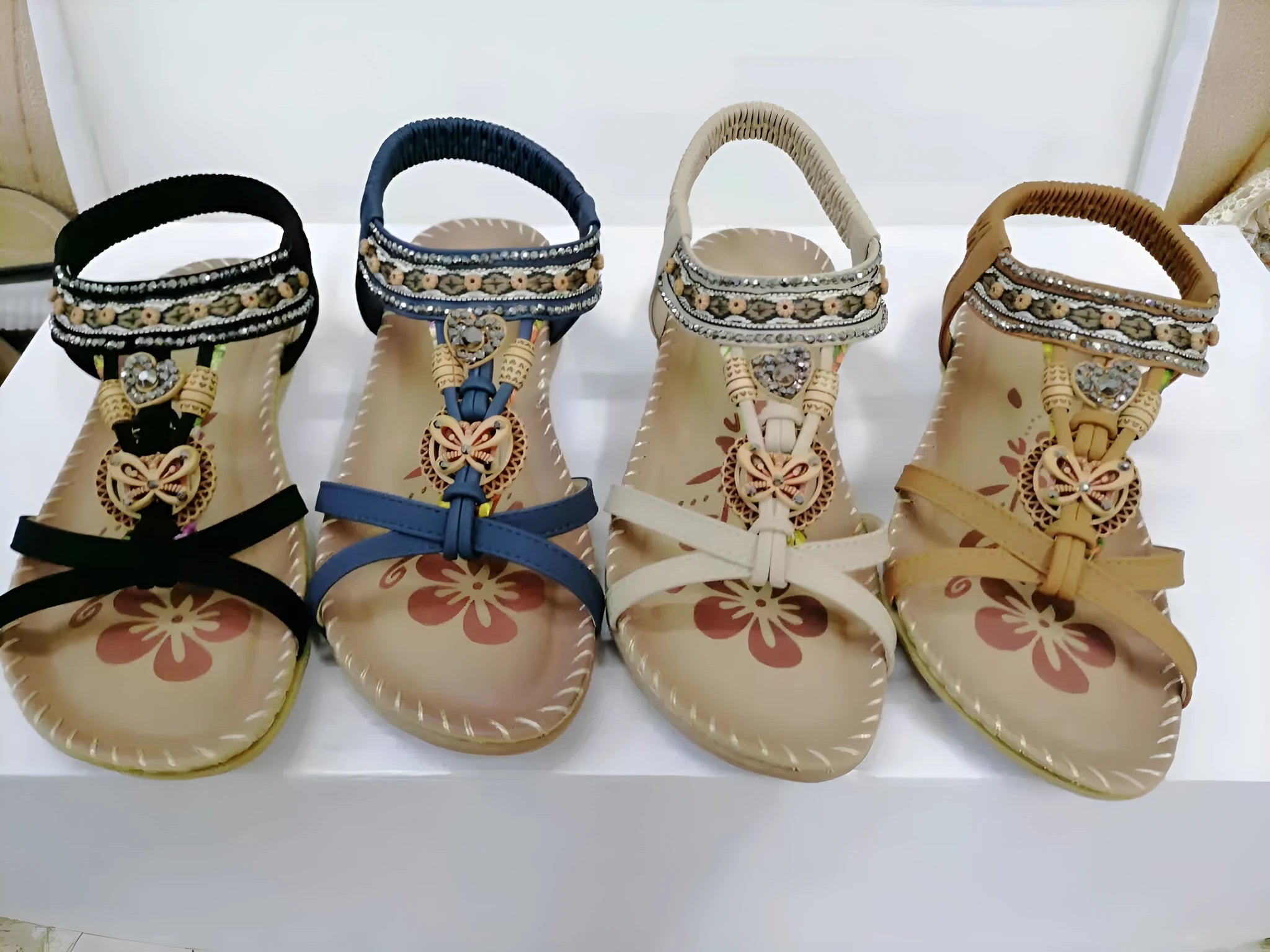 Large size women's flat sandals with flower and rhinestone decoration, round toe, PU upper, available in multiple colours